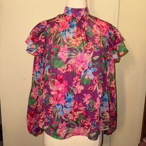 Flying tomato purple pink ruffle shoulder Floral Top sm